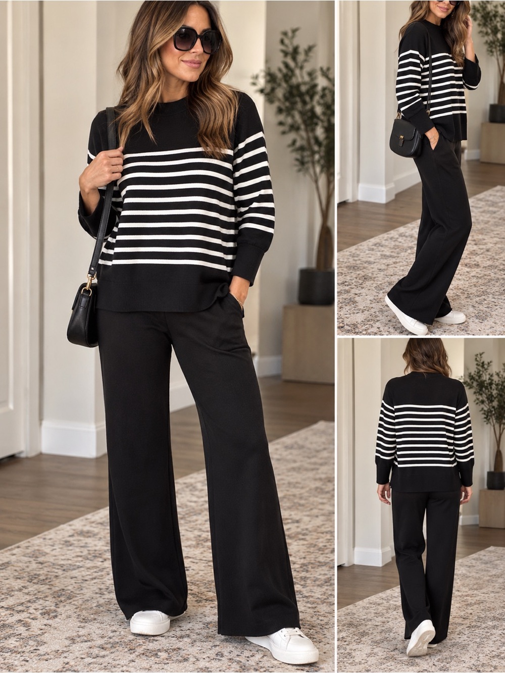 Women’s Black Wide-Leg Pants - Classic Knit Lounge Trousers